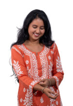 Orange Printed Cotton Kurta Set - Image 2