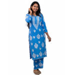 Blue Printed Cotton Kurta Set