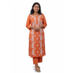 Orange Printed Cotton Kurta Set