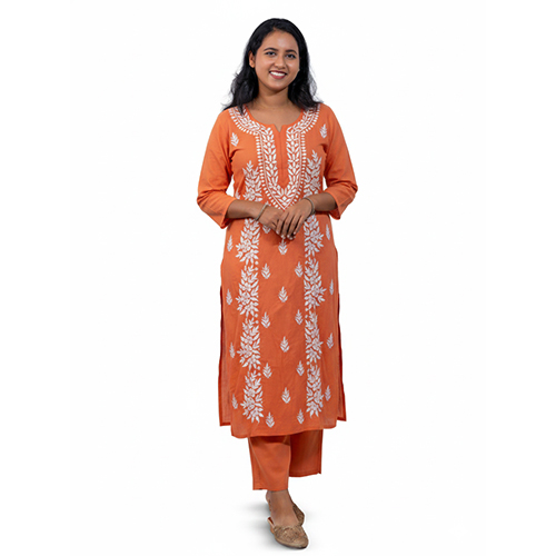 S 14.jpg Orange Printed Cotton Kurta Set - Image 1